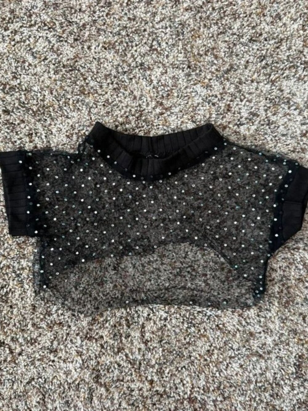 Unbranded Black Mesh Rhinestone Sheer Mock Neck Cropped Top